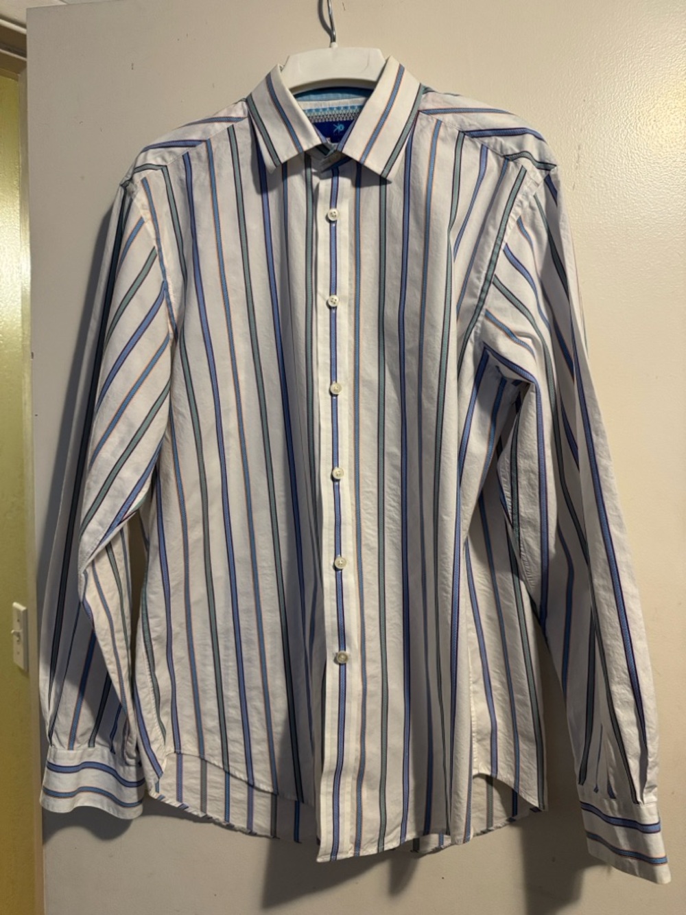 Egara White Dress Shirt with Blue and Navy Stripes